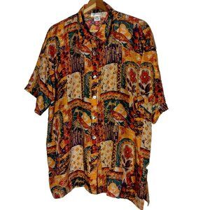 OKief And Okief Silk Blouse XL Orange Brown Earthy Floral Short Sleeve Shirt